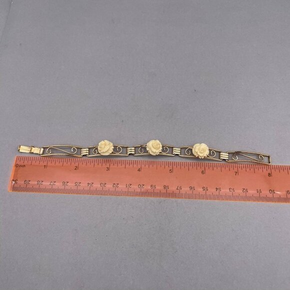 Vintage Amco 14k Gold Filled Celluloid Rose Five Panel Bracelet - Picture 8 of 8